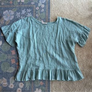 Blue Teal Linen Ruffle Blouse by Terzo Millennio